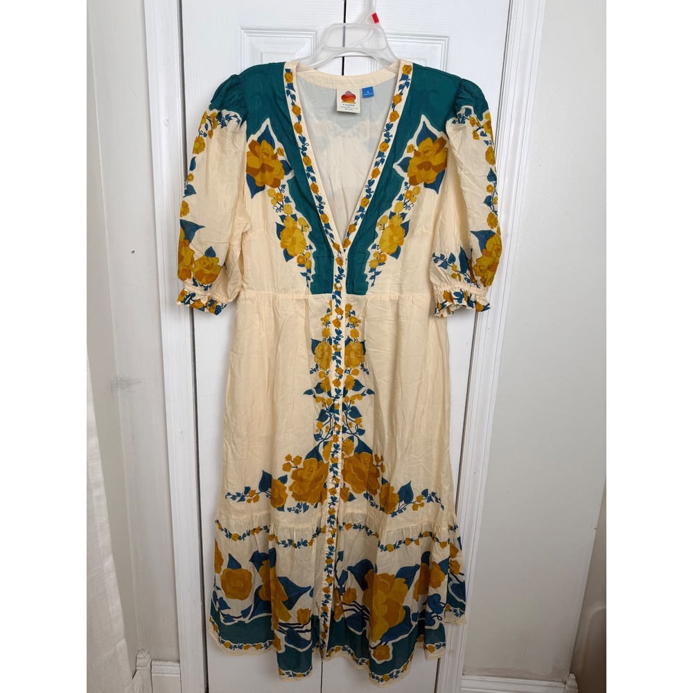FARM Rio Anthropologie Floral Midi Dress XL Button Front Puff Sleeve Viscose - Picture 3 of 14